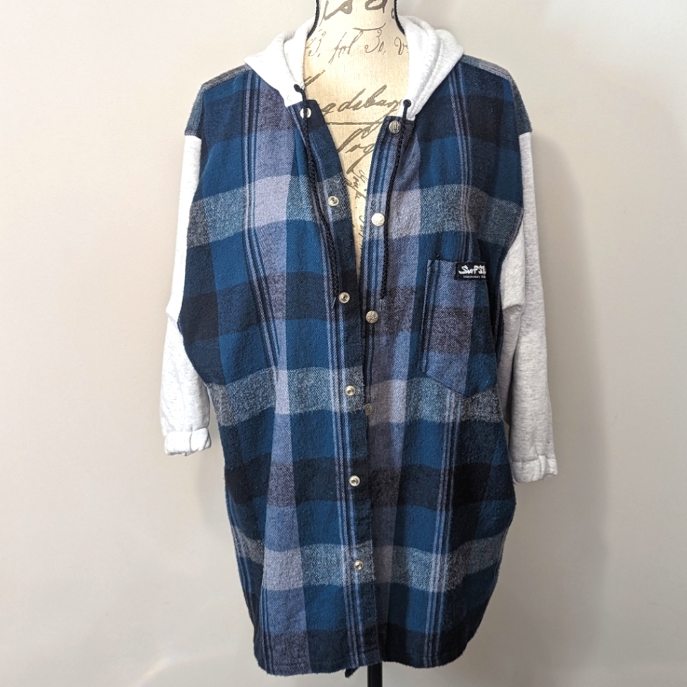 "SURF STYLE" Blue Plaid Hooded Shacket Jacket Size XL Vintage 90s